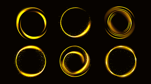 Gold circles with sparkles, golden round frames, shiny borders with glitter or fairy dust, glowing rings, fantasy design elements isolated on black background Realistic 3d vector illustration, set