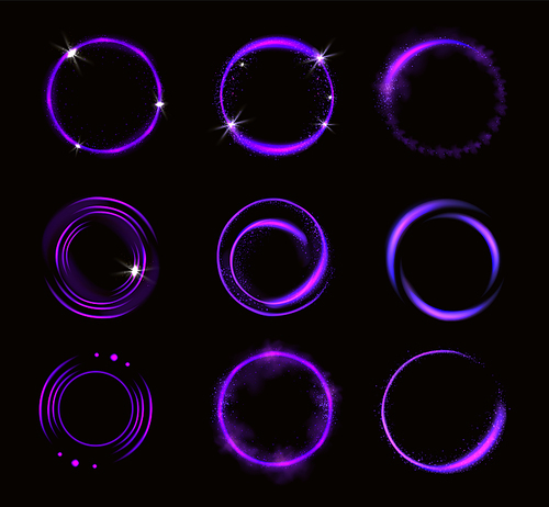 Glowing purple circles with sparkles, round frames, shiny borders with glitter or fairy dust, glow rings, fantasy design elements isolated on black background Realistic 3d vector illustration, set