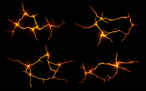 lava in ground cracks top view, volcano magma glow texture in cracking holes, ruined land surface. damage fissure effect after earthquake disaster isolated on  background, realistic 3d vector set