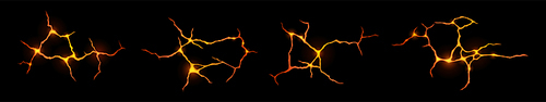 Ground cracks with lava, hot molten magma in breaks on land surface. Vector realistic set of fissure in ground from volcano or earthquake, fractures with liquid lava isolated on black background