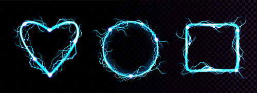 Electric lightning frames in shape of circle, heart and square. Digital glowing neon borders. Vector realistic set of blue sparking discharge isolated on transparent background