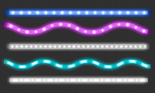 Led strips with neon light effect isolated on transparent . Vector realistic set of colored light stripes and wavy glowing tape with blue and white lamp and diode bulbes