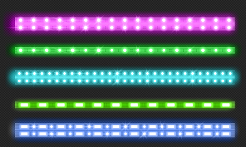 Double row led strips with neon glow effect isolated on transparent . Vector realistic set of colored light stripes, glowing flexible tape with green, blue and pink lamp and diode bulbes