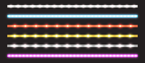 Led strips with neon glow effect isolated on transparent . Vector realistic set of colored light stripes, glowing tape with pink, red, blue, yellow and white lamp and diode bulbes