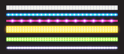 Led strips with neon glow effect isolated on transparent . Vector realistic set of colored light stripes, glowing tape with pink, green, blue, yellow and white lamp and diode bulbes