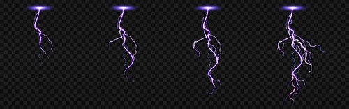 Sprite sheet with lightnings, thunderbolt strikes set for fx animation. Vector realistic set of purple electric impact at night, sparking discharge of thunderstorm isolated on transparent background