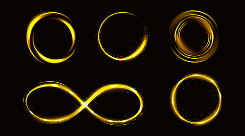 Glow gold infinity symbol and circles with sparkles, golden frames, shiny borders with glitter or fairy dust, glowing rings, isolated fantasy design elements, Realistic 3d vector illustration, set