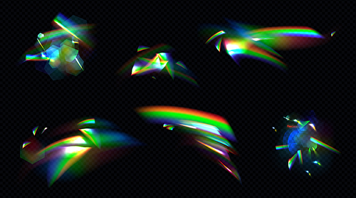 Rainbow crystal light, prism flare reflection, lens refraction, glass, jewelry or gem stone glare, optical physics effect isolated on black , Realistic 3d vector illustration, icons set