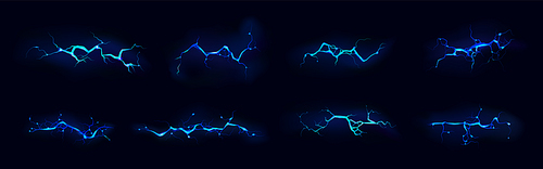 Lightning, electric thunderbolt strike of blue color during night storm, impact, crack, magical energy flash. Powerful electrical discharge, Realistic 3d vector bolts set isolated on black background