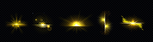 Gold light, sun radiant, golden line, sunburst isolated on black background. Dusk or dawn bursting rays, firework glow, blast or magic beams, yellow spark. Realistic 3d vector illustration, icons set