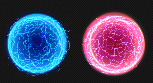 Electric balls, lightning circle strike, plasma spheres in blue and pink colors. Powerful electrical discharge, magical energy flash isolated on transparent background Realistic 3d vector illustration