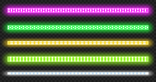 Led strips with neon glow effect isolated on transparent . Vector realistic set of colored light stripes, glowing tape with pink, green, yellow and white lamp and diode bulbes