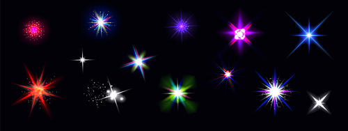 Color shine effects, flash lights with sparkles and glow rays isolated on black . Vector realistic set of bright glare, white, red, blue and rainbow star flare with shiny beams and glitter