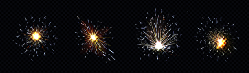 Fire sparks from metal welding, iron cutting or sparklers isolated on transparent . Vector realistic flare effect, light flashes of industrial works with steel or fireworks