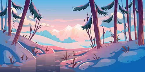 Winter forest with frozen river. Nature landscape background with conifers trees and mountains covered with snow, wild park or garden with icy stream, rocks and pines, Cartoon vector illustration