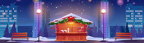 Street cafe with christmas decor at winter night cityscape background with skyscrapers. Outdoor cafeteria stall on sidewalk with lamps and benches. Coffee shop in town park Cartoon vector illustration