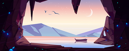 Cave seaview landscape with lonely wooden boat float on water surface. Hole in rock with ocean, mountains and gulls flying in pink morning sky, hidden underground cavern, Cartoon vector illustration
