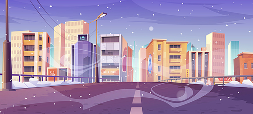 Road to city, town street with buildings with shops and houses in winter. Vector cartoon cityscape with empty highway, urban architecture, snow, snowfall and blizzard
