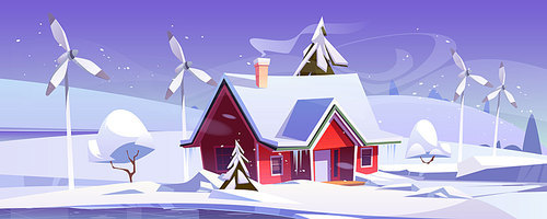 Winter landscape with house and wind turbines. Vector cartoon illustration of snowfall, ice rink, windmills and modern cottage with snow on roof. Eco friendly power generation, green energy concept