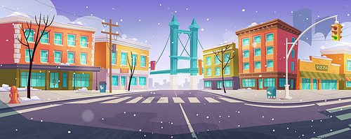 Winter Brooklyn crossroad and bridge city view, empty street with transport intersection and zebra, Urban architecture, megapolis infrastructure with snow and bare trees. Cartoon vector illustration