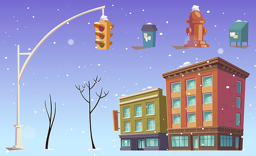 City buildings and stuff, traffic lights, street litter bin, hydrant and bare trees, falling snow. Urban two-storied houses, megapolis architecture, Cartoon vector illustration, isolated icons set.