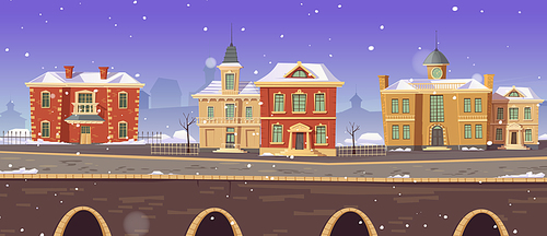 Vintage city winter street with european colonial victorian buildings and lake promenade. 19th century town with old architecture. Retro style cityscape at river shore, Cartoon vector illustration