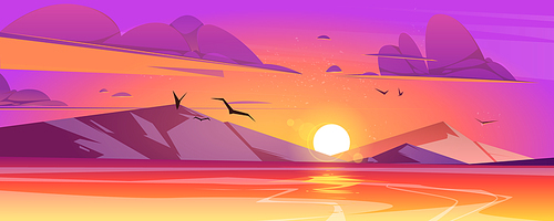Sunset in ocean or sea scenery nature landscape. Purple clouds in orange sky with flying gulls and shining sun go down mountains above rocks and calm water surface in evening Cartoon vector background