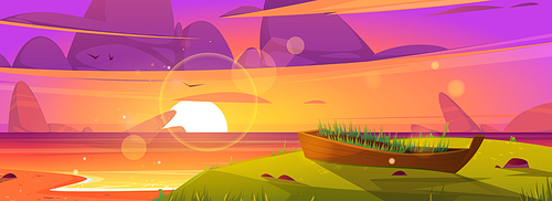 Sunset beach and old wooden boat with growing grass inside. Ocean landscape, purple clouds in sky with shining sun above sea water, scenery evening shore, nature background Cartoon vector illustration