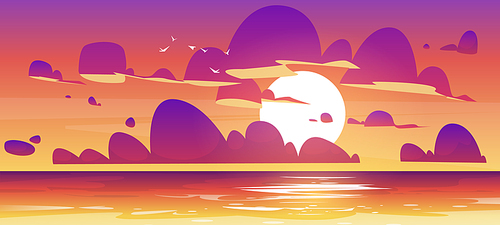 Sunset in ocean, nature landscape background, pink and purple fluffy clouds in orange sky with sun shining above tranquil sea water surface, illuminated shore evening view. Cartoon vector illustration