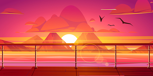 Sunset in ocean or sea, scenery mountains view from ship deck. Nature landscape red clouds in sky with flying gulls, shining sun go down above rocks and calm water surface, Cartoon vector background