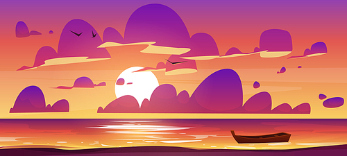 Sea or ocean beach with wooden boat at sunset. Vector cartoon illustration of evening seascape with sand shore, boat on water, sun, clouds and birds in orange and pink sky