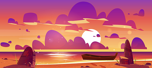 Wooden boat on dusk sea, sunset seascape, evening ocean picturesque landscape. Nature background with lonely skiff moored on rocky shore under pink and purple beautiful sky Cartoon vector illustration