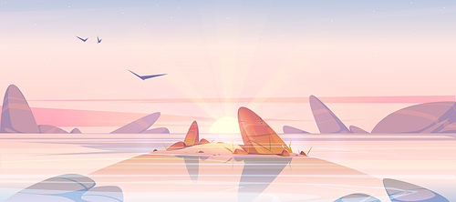 Sunrise in ocean, pink sky with shining sun go up at sea shallow with rocks sticking up of calm water. Beautiful rocky view, nature landscape background, early morning. Cartoon vector illustration