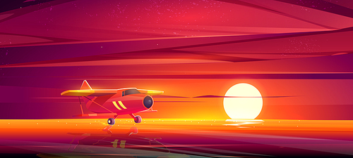 Small airplane at sunset ocean landscape, crop duster plane flying low over sea surface in red dusk sky. Private aircraft, civil aviation cropduster machine with propeller, Cartoon vector illustration