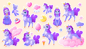 Sticker pack with magic unicorn, cute cartoon pony or horse with horn and purple mane with sparkles. Isolated patches for girls with fantasy character, star, moon, ice cream, cloud or ring, Vector set