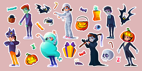 Halloween stickers with people in scary costumes of ghost, zombie, mummy and werewolf. Vector cartoon set of pumpkins, bat, candies, spiders and kids in costumes of ghoul, death and wolfman