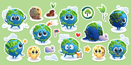 Stickers with Earth and Moon cartoon characters, cute funny planets with kawaii face and cloud, happy mascot rejoice, touching star, sleep, volcano eruption, green sprouts and comet Cartoon vector set