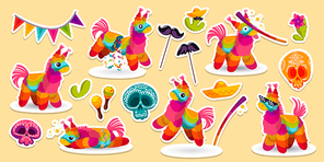 Set of stickers mexican donkey pinata, bat, sugar skulls and sombrero with maracas or cacti. Colorful toys with treats, mustaches on stick with flag garland, Dia de los Muertos Cartoon vector patches