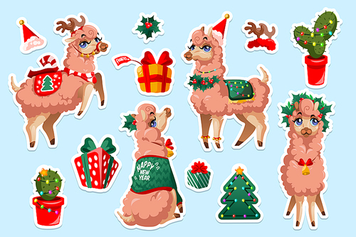Set of stickers with New Year Llama, vicuna Peru animal. Christmas alpaca cartoon character. Mexican Lama mascot with cute face wear xmas festive clothes, garland and gift box isolated cut out patches