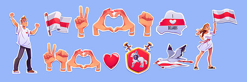 Freedom for Belarus stickers of opposition symbols. Man and woman activists on demonstration, national flag, hand gestures heart and victory, stork and coat of arms, I love badge cartoon vector set