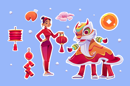 Chinese New Year stickers with Lion Dance costume, red lantern, bells and asian girl. Vector cartoon icons set of traditional China decoration, fortune cookies, coin and flower