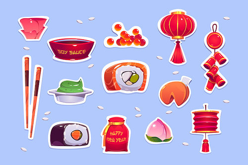 Food and decoration for chinese New Year. Stickers with red lantern, bells, sushi and fortune cookie. Vector cartoon icons of traditional asian decoration, japanese roll with fish, caviar and wasabi