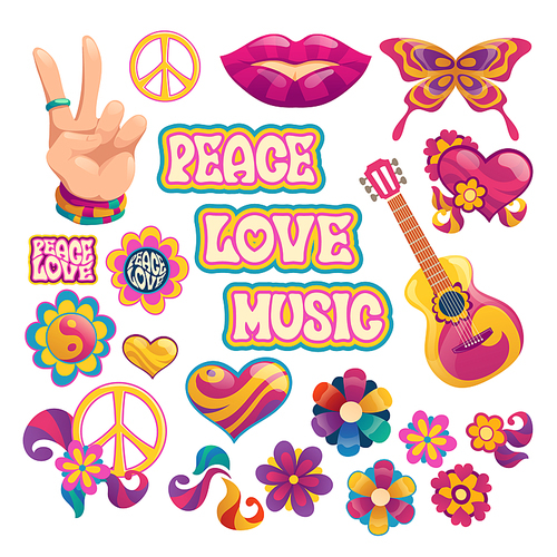 Hippie icons, signs of peace, love and music. Vector cartoon set symbols of hippy culture with hearts, flowers, guitar, hand gesture and smile lips isolated on white