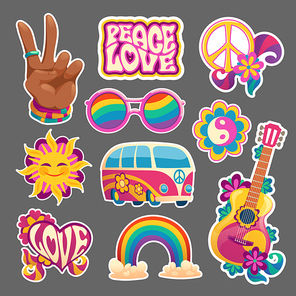 Hippie stickers or icons hand gesturing peace symbol, flowers, bus and rainbow or sunglasses. Guitar, Yin Yang sign, smiling sun and heart with love word, isolated retro patches, Cartoon vector set