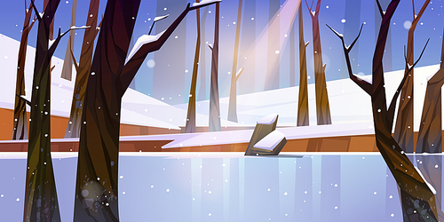 Winter landscape with frozen lake in forest, white snow and trees. Vector cartoon illustration of snowy wood or natural park with ice rink, stump and sun ray. Frozen water of river or pond in forest