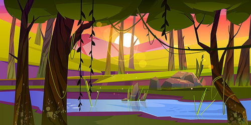 Summer forest with river, green grass and mountains on background. Sunset scene of natural park with water stream. Vector cartoon evening landscape with trees, lianas, stones and brook