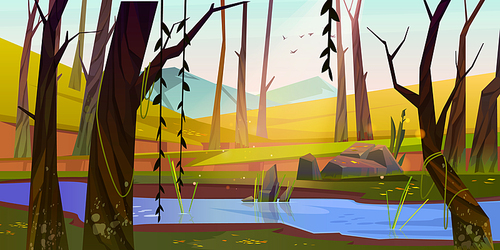 Spring forest with river, green grass and mountains on background. Morning scene of natural park with water stream. Vector cartoon evening landscape with trees, lianas, stones and brook