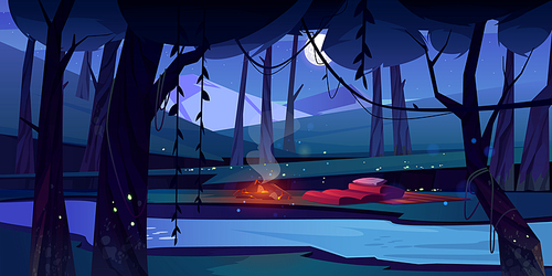 Summer forest with camp, river and mountains on background at night. Scene of natural park with water stream and moon in sky. Vector cartoon landscape with trees, brook and campsite with fire