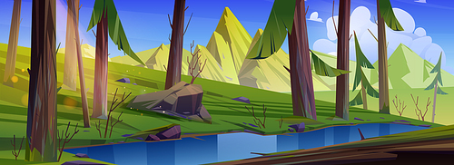Mountain landscape with forest and water stream. Vector cartoon illustration of summer coniferous woods, brook, rocks and sun in blue sky