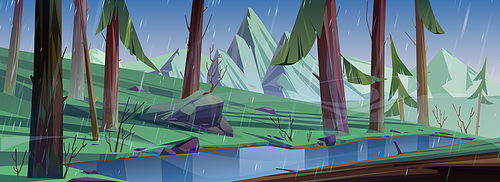Rain in coniferous forest with lake and mountains. Nature landscape with pond in deep wood. Scenery background with wild plants, pines and bushes at rainy summer day, Cartoon vector illustration